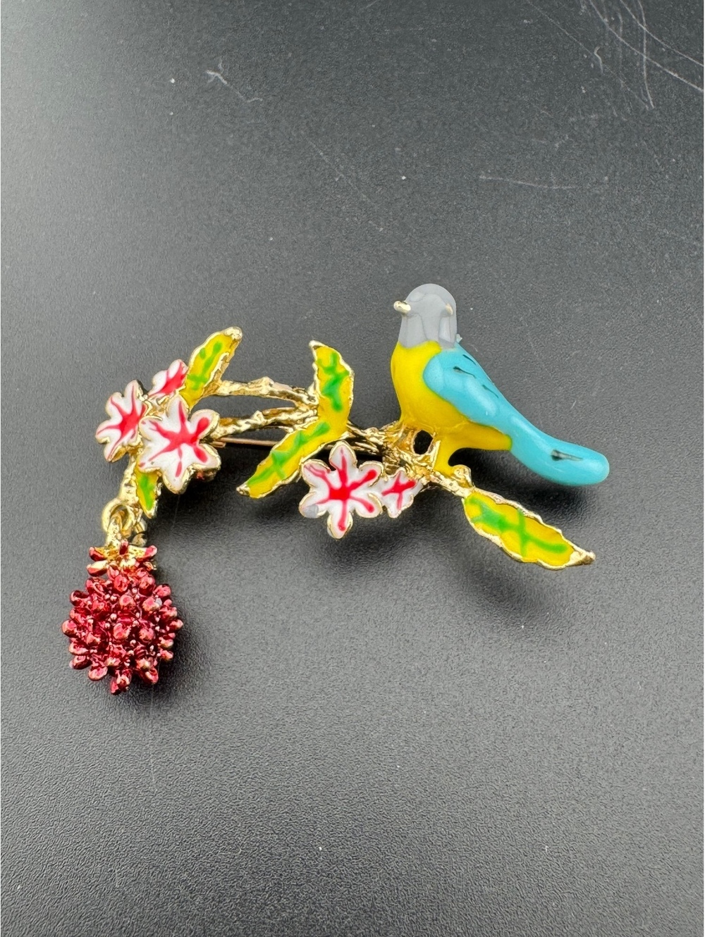 Colorful Bird and Flower Brooch Pin with Red Beaded Detail